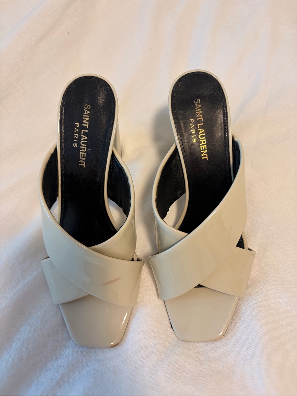 Saint Laurent Cream Patent Leather Cross-Strap Mules